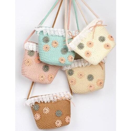 Handmade Summer Children Girls Shoulder Bag Daisy Flower Straw Bag Messenger Bag Kids Keys Coin Purse Cute Princess Mini Handbag