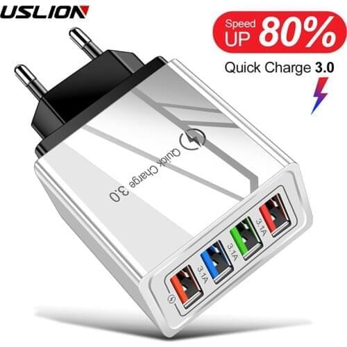 USLION 4 Ports USB Charger LED Quick Charge For Phone Adapter For Xiaomi Samsung S10 Portable Wall Mobile Charger Fast Charger