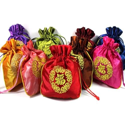 Embroidery Chinese Fu Cloth Drawstring Gift Bags for Jewelry Packing Bags Wedding Party Favor Bags for Chocolate Candy Tea 3pcs