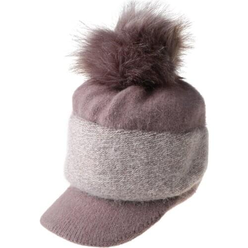 Women Winter Thick Warm Fuzzy Knit Beanie Cap with Visor Bill Cute Pompom Cold Weather Windproof Skullies Baseball Cap