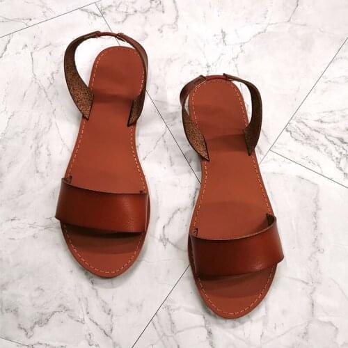 2021 Summer New Women Sandals Flat with Solid Leather Outdoor Shoes Back Elastic Band Rome Casual Shoes Brand Sandal Woman