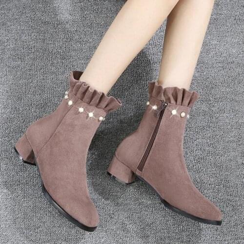 Famous designer ruffles ankle boots women 34-43 small/big size pearl winter botas mujer rivets beading chunky heel bottines 265