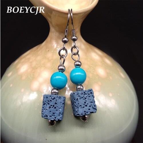 BOEYCJR Blue Lava Stone Drop Earrings Handmade Fashion Jewelry Dangle Earrings for Women Gift Arete Oorbel