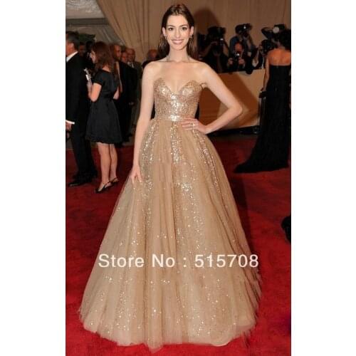Sexy Golden Sequin Sash Dazzling Sweetheart Anne Hathaway A Line Train Celebrity Dresses Prom Gowns