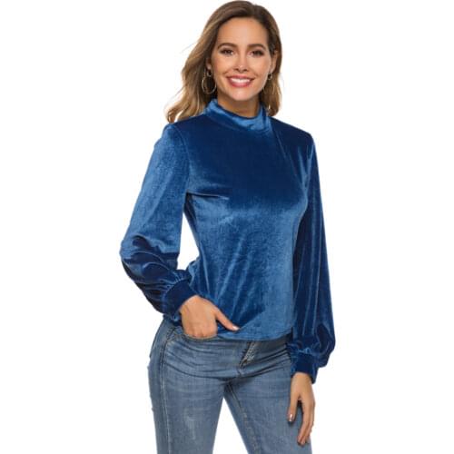 Winter Velvet Turtleneck Warm Tops Tee Shirts Lantern Sleeve Blue S M L XL Girls 2021 Spring Casual Tshirts Clothing for Women