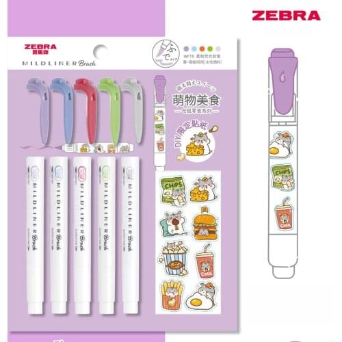 1set Japan ZEBRA WFT8 MildLiner Brush Soft Tip Highlighter Double Tip Painting Pen with DIY Sticker Set Cute Stationary