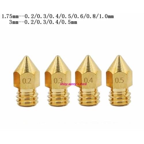10pcs/lot 0.2---1.0mm Copper 1.75mm,3mm Filament M6 Threaded 3D Printer Accessories Mk8 Brass Nozzle Pointed Caliber Brand New