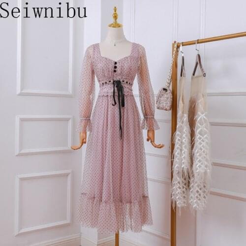2020 High Quality New Arrival Runway Dot Party Birthday Dresses Vintage Summer Square Collar Tulle Drawstring Vestido
