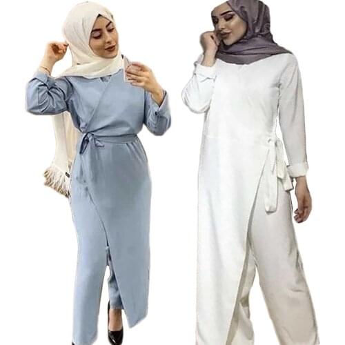 Abaya Jumpsuit Dress Tie Waist Wide Leg Pants Slit Dress Muslim Women Bangladesh Islamic Clothing Dubai Turkey Fashion Elegant