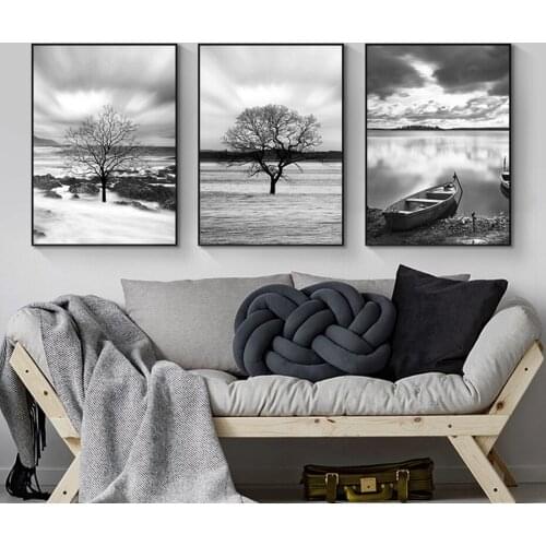 Abstract Tree Canvas Art Paintings Black White Lake Pier Poster Wall Prints Nordic Living Room Bedroom Hazy Pictures Home Decor