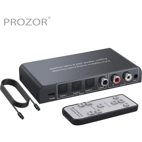 PROZOR DAC Audio Converter Adapter 1 / 3 Optical SPDIF Toslink + Coaxial Switch to Stereo L/R RCA 3.5mm Volume Control IR Remote
