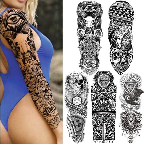 Long Size Tribal Eye Temporary Tattoo Sleeve For Women Men Totem Maori Skull Tattoos Sticker Skeleton Black Fake Tatoos Washable