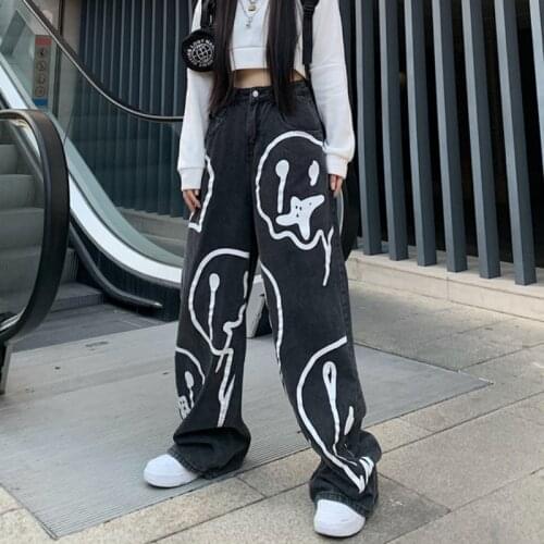 High Waist Loose Graffiti Printing Jeans Womans Retro High Street Black Denim Trousers Woman Washed Chic Wide Leg Pants Women
