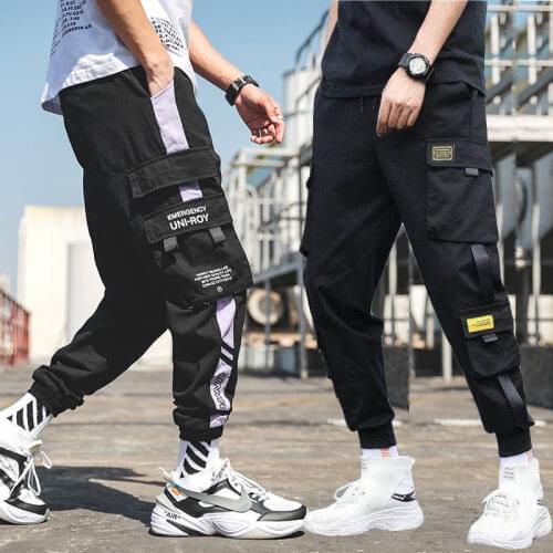 Hip Hop Joggers Men Letter Ribbons Cargo Pants Pockets Track Tactical Casual Techwear Male Trousers Sweatpants Sport Streetwear