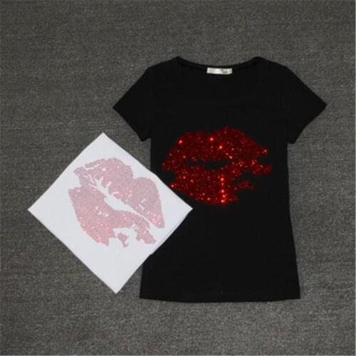 2019 Spring Summer New Womens Short-sleeved T-shirt Hot Red Lips Lip Slim Cotton Shirt Bright Diamond Sequins Big Size 4XL 621