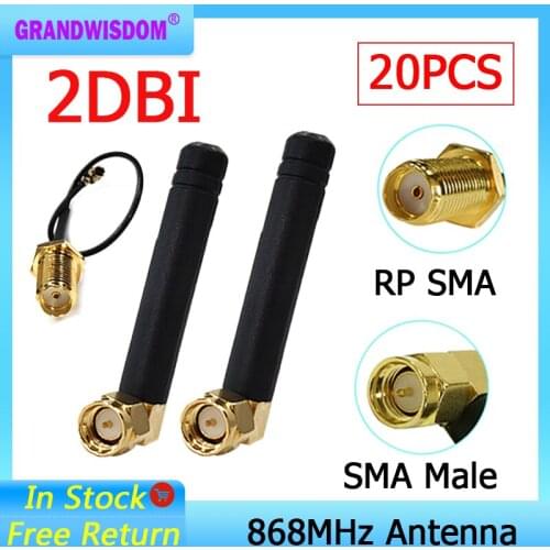 20pcs 868MHz 915MHz Antenna 2dbi SMA Male Connector GSM 915 MHz 868 MHz antena antenne +21cm RP-SMA/u.FL Pigtail Cable