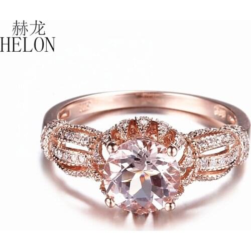 HELON Solid 10K Rose Gold Elegant Women Fine Jewelry Round 7mm Natural Morganite Diamonds Engagement Wedding Diamond Ring