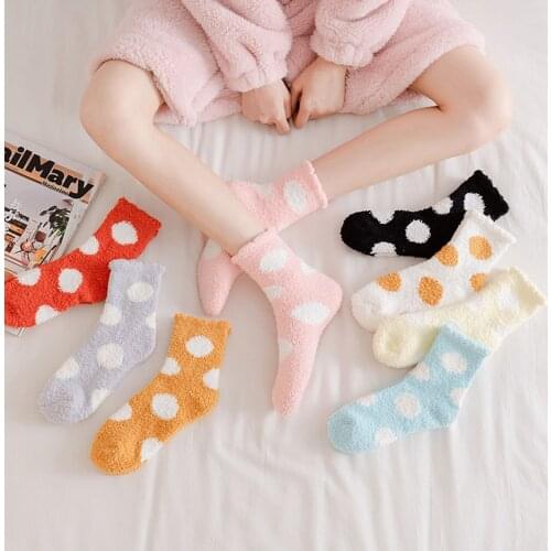 25# Coral Fleece Short Socks Women Women Autumn And Winter Tube Socks Sleep Cute Home Polka Dot Thick Keep Warm Cute Stockings