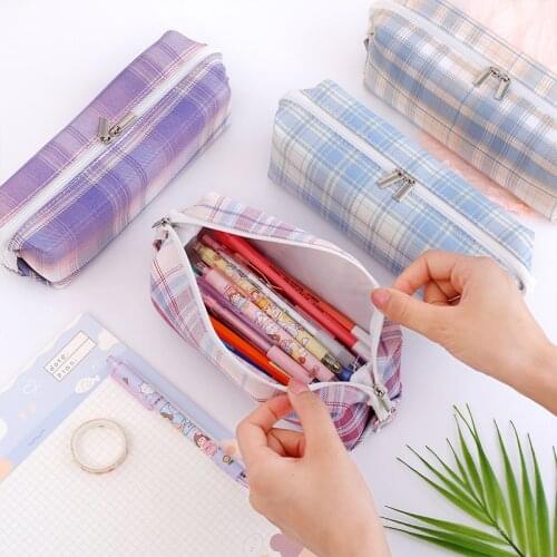 Cute Ins Wind Square Plaid Pencil Case Large Capacity Multifunctional Pencil Case School Supplies Stationery Canvas Pencil Bag