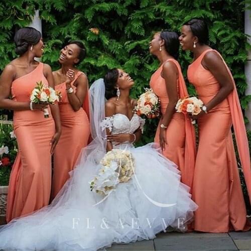 Fashion Orange Satin Mermaid Bridesmaid Dresses One Shoulder Wedding Party Gowns Floor-Length Women Occasion Gowns Plus Size