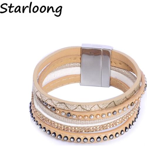 New fashion multi-layer PU leather bracelet with rhinestone beads magnetic clasp women wrap Masculina bijoux Bracelet