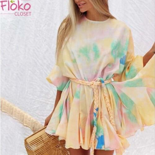 Flokocloset Fashion O-neck Hand Knitted Belt Lantern Sleeve Print Dress Summer Ruffles A-LINE Dresses for Women High Street