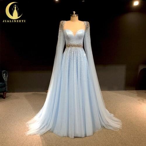 Rhine real Pictures Sky Blue V Neck with Cape Beads A-line вечернее платье 2021 vestidos de noite платье evening dresses