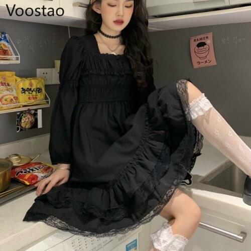 Japanese Black Gothic Lolita Dress Women Victorian Square Collar Lace Ruffles Punk Dress Spring Autumn Long Sleeve Mini Dresses