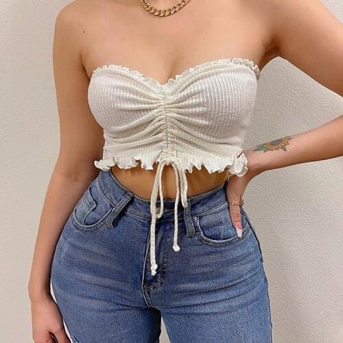 Pink Sexy Ruched Tube Tops Women Strapless Backless Crop Top Summer Drawstring Club Wear Y2K Solid Color Plus Size Clothes