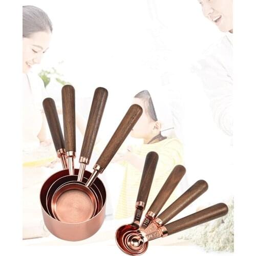 1set Rose gold Stainless Steel Walnut Hand Measuring Cups Spoons set Engraved Measurements,Pouring Spouts Baking Tool OK 1110