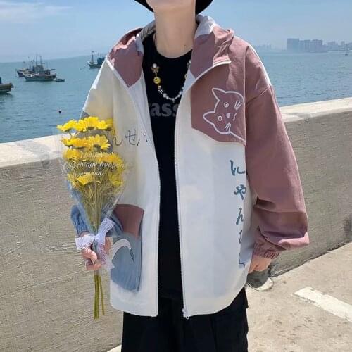 Japanese Fashion Anime Harajuku Zipper Hoodies Lounge Wear Top Long Sleeve Streetwear Cartoon Cat Hooded Sweatshirt for Men