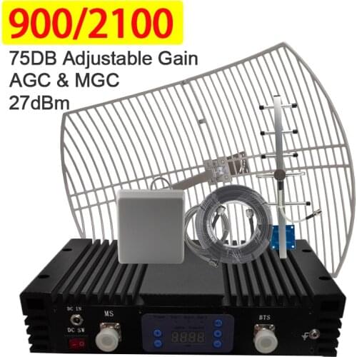 Signal Booster Amplifier Gsm Repeater 75dB Gain Adjustable Gain 22dBi Gain Grid Antenna GSM900 WCDMA2100 Mobile Signal Amplifier
