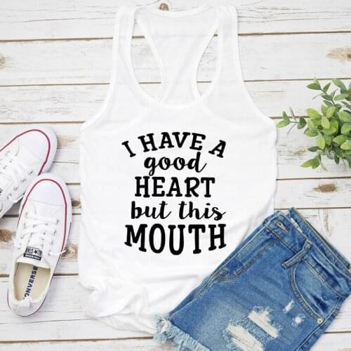 Funny Women Raceback Flowy Gym Workout Tops Tanks I Have A Good Heart But This Mouth Tank