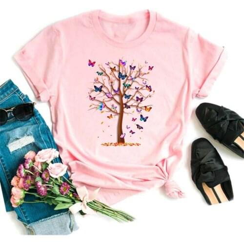 Women Butterfly Tree Graphic T Shirts Fashion Casual Cute 90s Style Lady Tees Print Tops Clothing Female T Shirt Female T-Shirts
