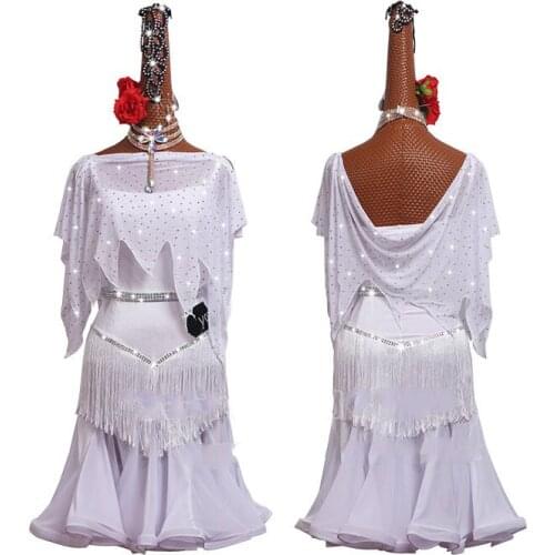 High-end Latin Dance Competition Costume Women Fashion White Tailoring Irregular Latin Dance Dress Rumba Dance Fringed Skirt