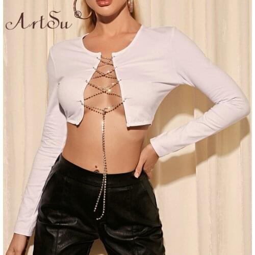 ArtSu Hollow Out Women Sexy Club Tops Long Sleeve Solid Crystal Diamond Silver Chain Bandage Crop Top Black White Pink T-Shirt