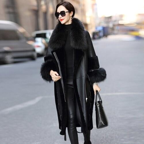 Real Genuine Leather Sheep Shearling Winter Coat Women Natural Raccoon Fur Collar Windbreaker BT18H02 YY731