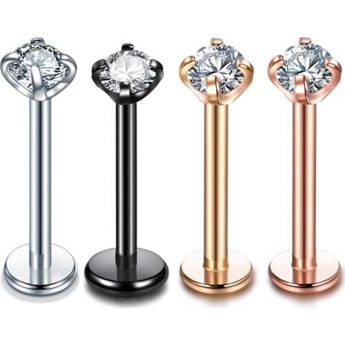 1PC Rose Gold Labret Lip Rings Zircon Anodized Internally Thread Prong Gem 18G Tragus Helix Ear Piercing Earring Women Jewelry