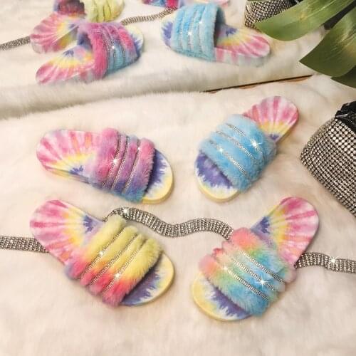 2021 European and American Fashion Color Tie-Dyed Fur Flat-Bottom Slippers Women Summer Sandals and Slippers