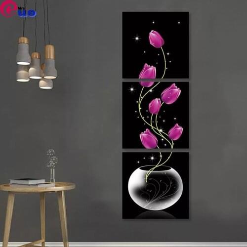 3 panels Vertical Version Diamond Painting Cross Stitch Vase with Purple Tulip Flowers Elegant Porch Corridor Home Decor