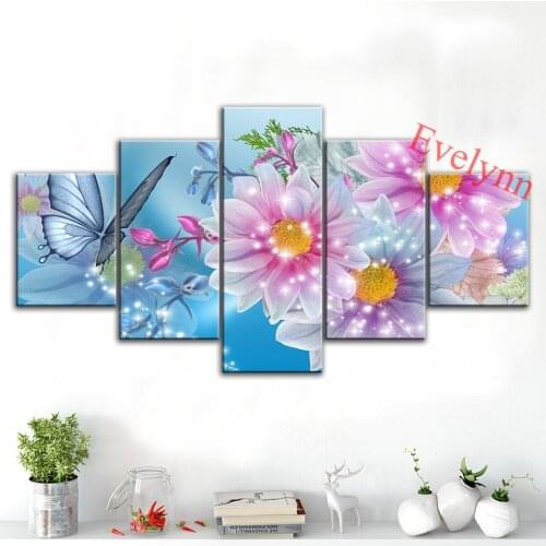 5 Pieces Butterfly And Flower Poster Hd Print Canvas Modular Pictures Wall Art Living Room Decor Painting Frame Gifts For Family