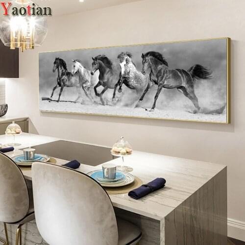 Diamont Painting Black And White Runing Horses Animals Diamond Painting Large 5D Diamond Embroidery Cross Stitch Mosaic Decor