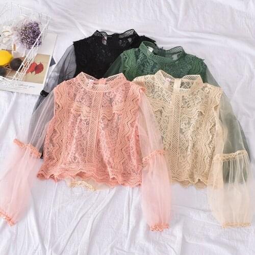 Fashion Woman Blouses 2021 Elegant O-Neck Long Sleeve Blouse with Lace Crop Top Female Aesthetic Skirts Chic Vintage Clothing