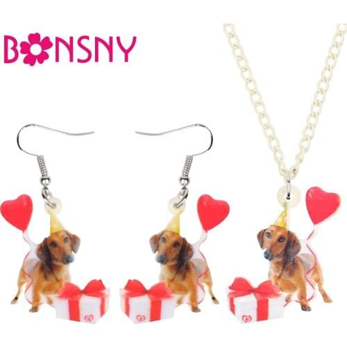 Bonsny Acrylic Christmas Dachshund Dog Gift Box Balloon Jewelry Set Necklace Earrings Decorations Jewelry Women Girls Party Gift