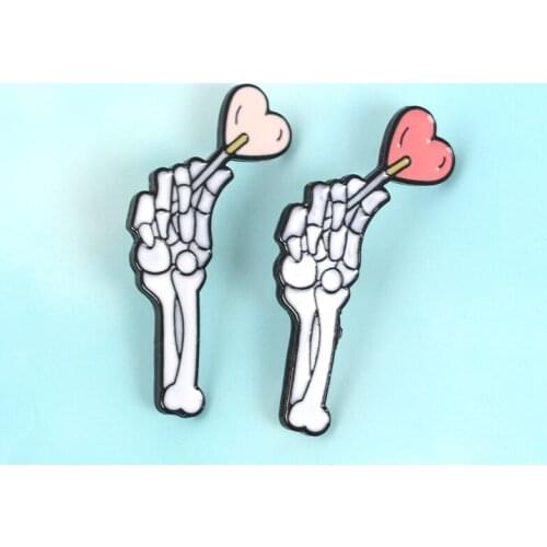 Skeleton and heart pins Bone Enamel pins Lapel pins Brooches Punk jewelry Skull jewelry Heart Accessories