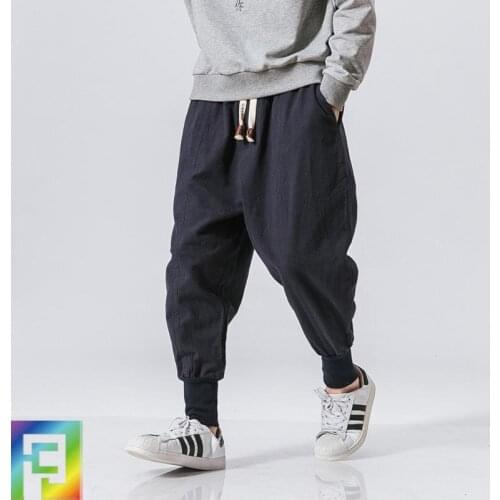 Mens harem pants Japanese casual cotton and linen trousers Mens jogging pants Chinese style loose pants