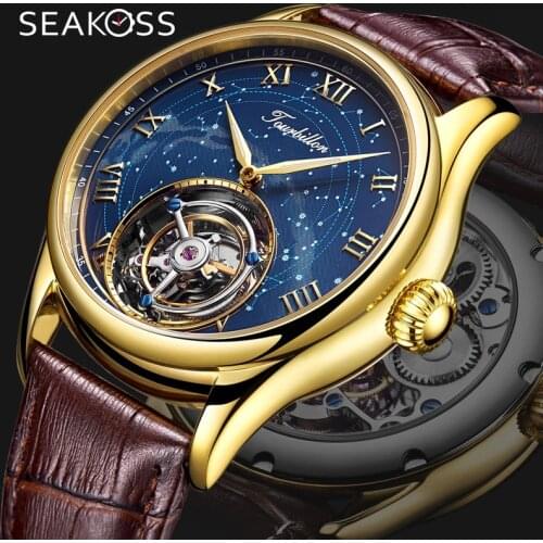 SEAKOSS Mens Star Sky Tourbillon Watches Sapphire Clocks Luxury Mechanical Hand Wind Movement Man leather Wristwatch Business