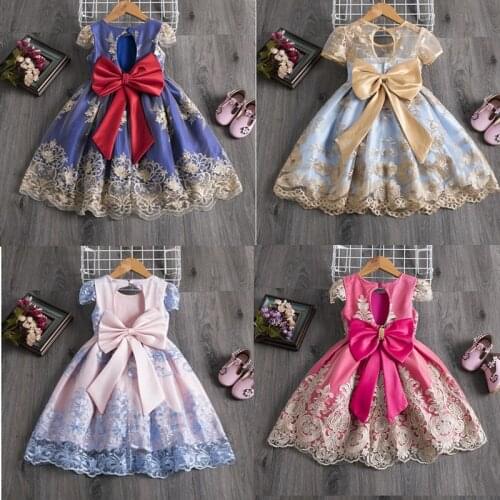 2021 Birthday Party Dress For Girls Bow knot Flower Backless Lace Costume For Children Christmas Evening Dress For Kids