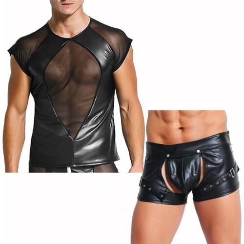 Men Sexy Undershirt PU Leather Mesh Shirt Tops Gay T Shirt Erotic Rave Cosplay Clubwear Streetwear Latex Boxer Shorts Underwear