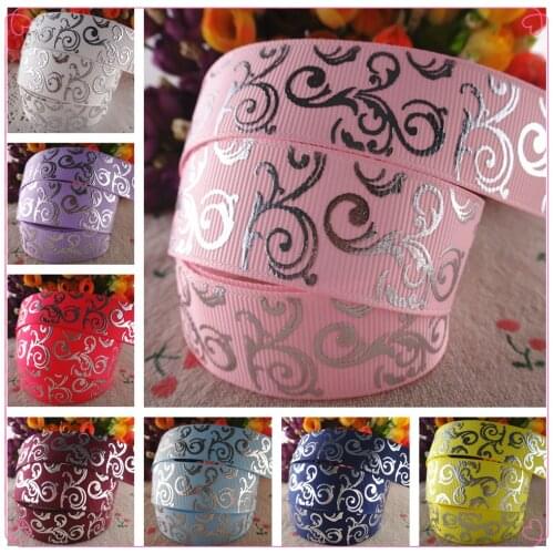 New arrival 7/8" (22mm) 50 yards glitter silver foil flowers printed grosgrain ribbons DIY handmade materials SD1127